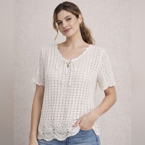 Vintage Crochet Knit Top Cream Whimsigoth Fairy Handmade Size Small Cotton #E7